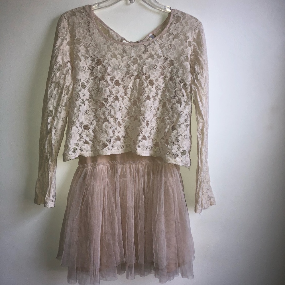 Beige/Tan Tulle Dress with Lace Overlay